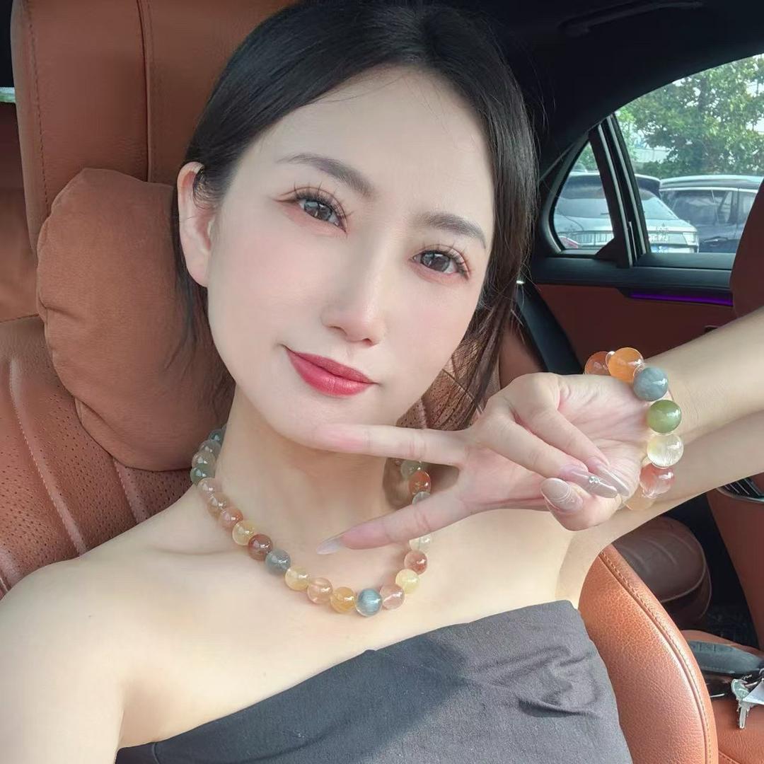 🌙合言水晶（彩兔毛 蓝钢丝 手磨珠）