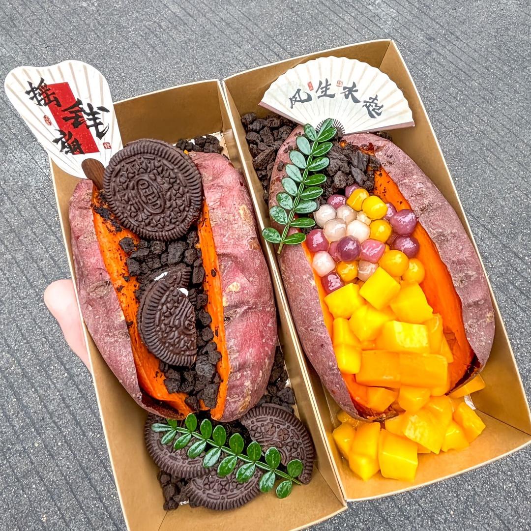 在江阴步行街做花式烤红薯的阿飞