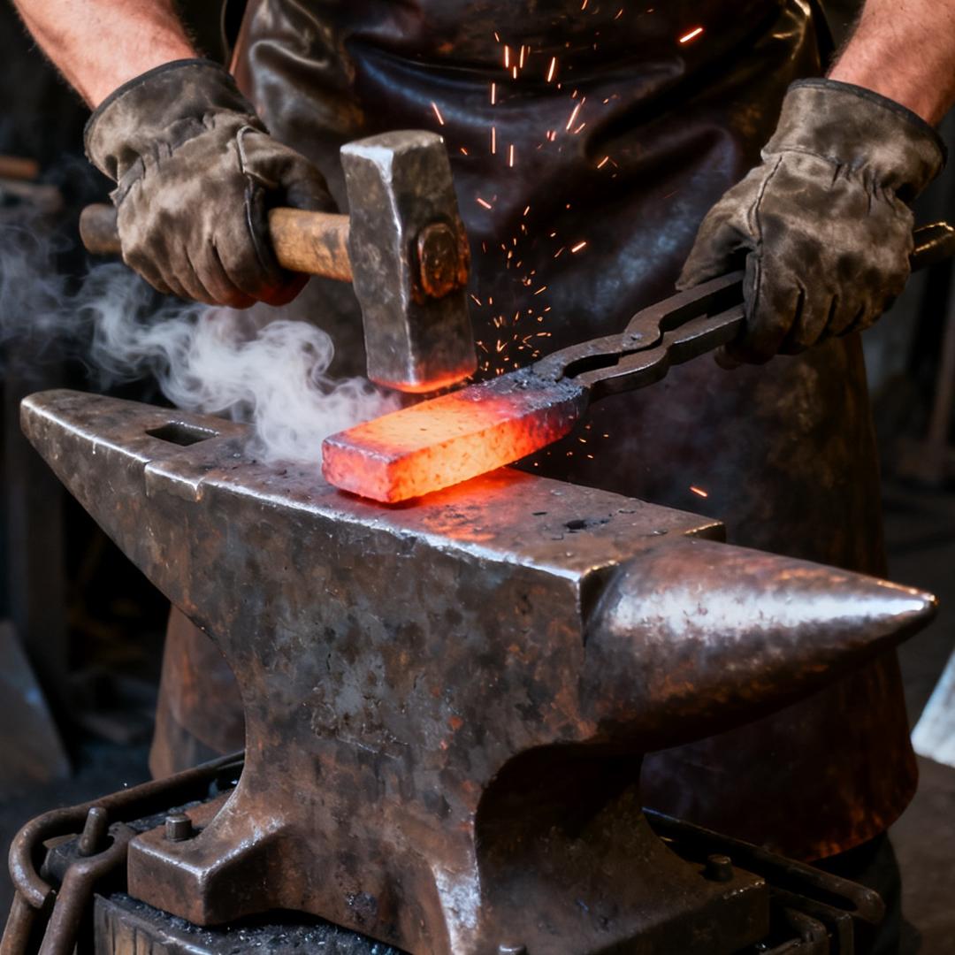 田铁匠夹钢锻打