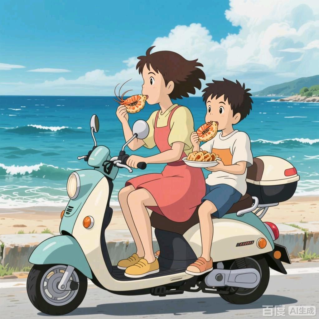 坐着电瓶车吃虾饼